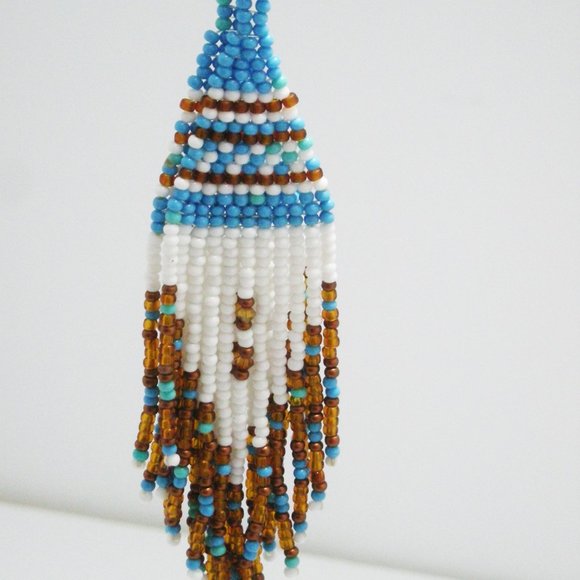 Native American Made Hand Beaded Tipi 4 1/4" Shoulder Sweeper Pierced Earrings - Picture 1 of 3